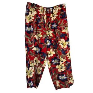 Island Traders Red Floral Tropical Rayon Wide Leg Pants Large Drawstring Elastic